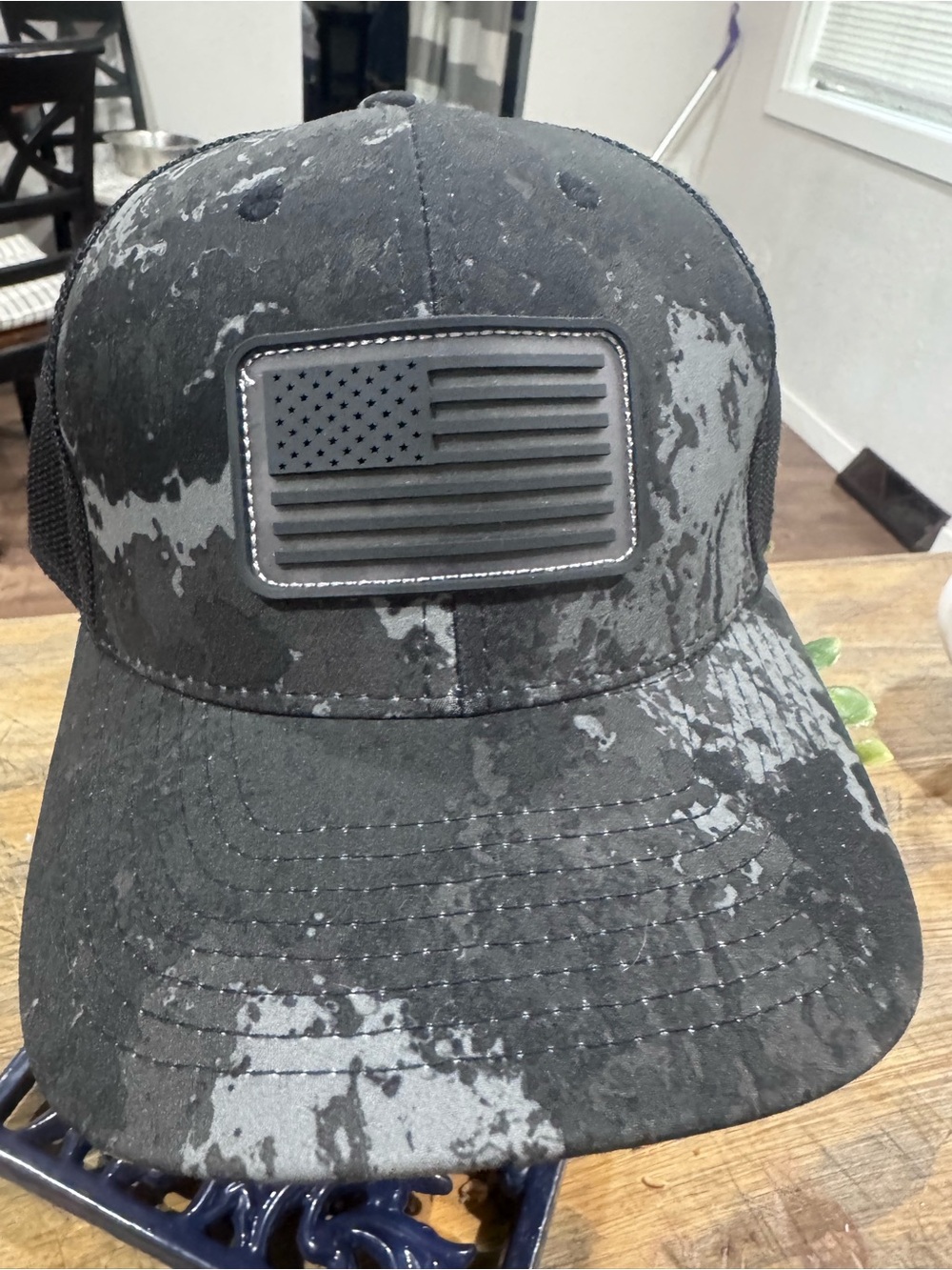 Black & Gray Camo American Flag Patch Trucker Hat
